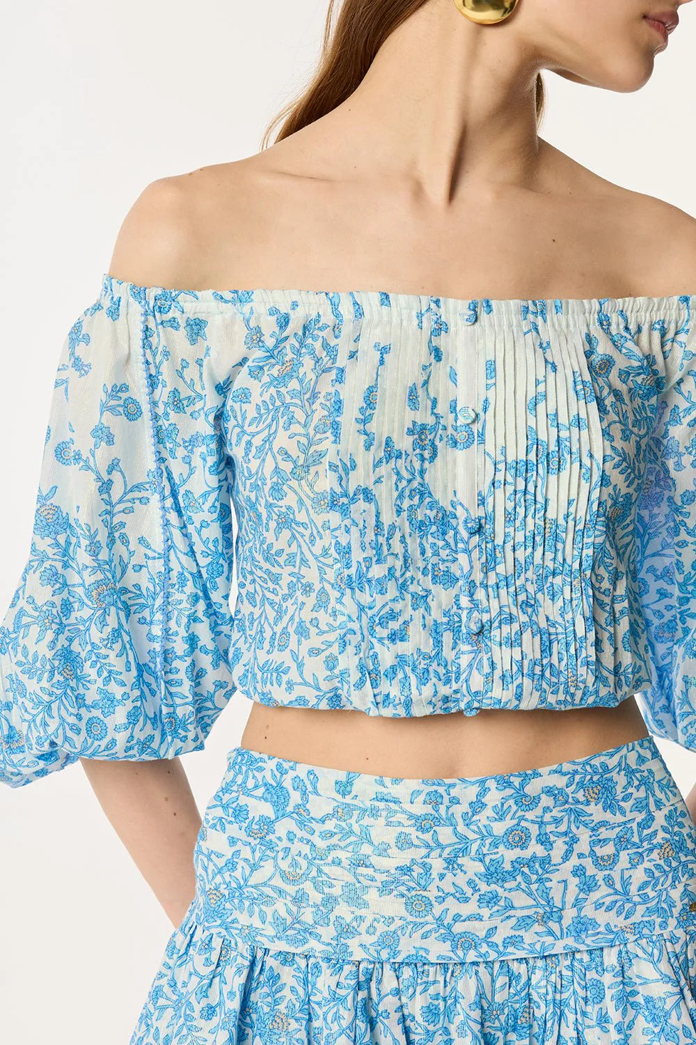 OFF-SHOULDER FLORAL MINI SKIRT SET BLUE