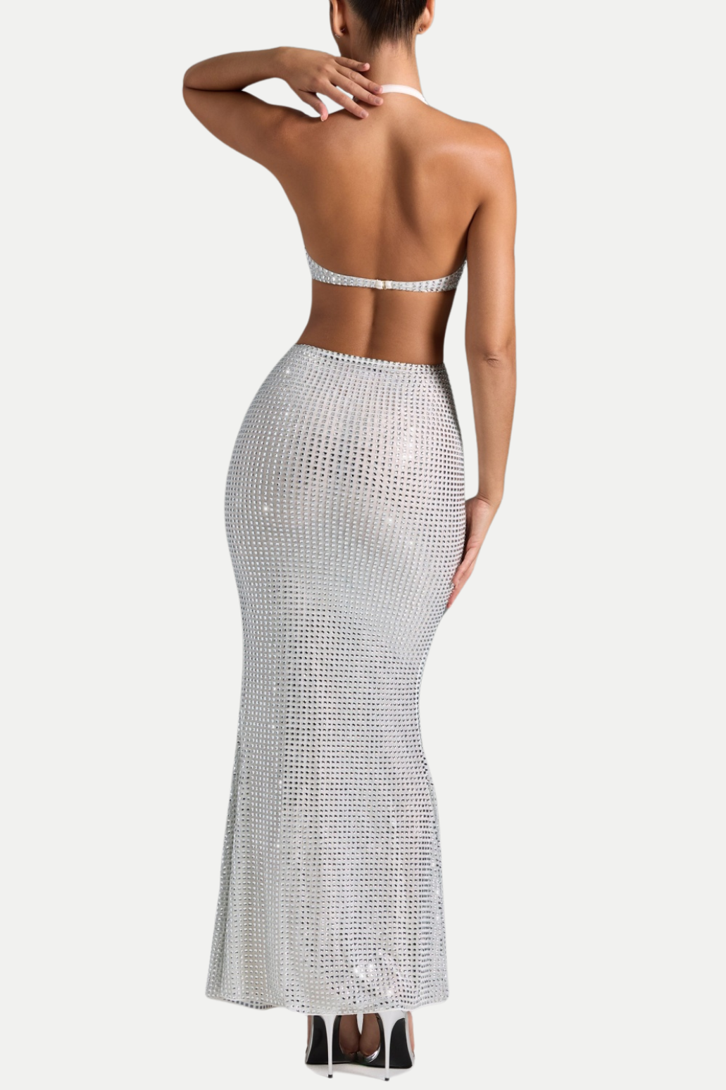 TORIE HALTER CRYSTAL CUTOUT SLIT MAXI DRESS