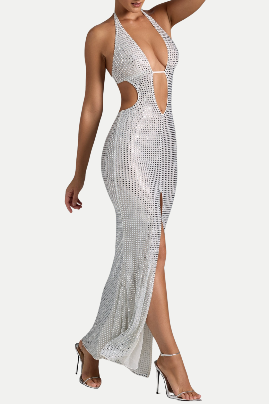TORIE HALTER CRYSTAL CUTOUT SLIT MAXI DRESS