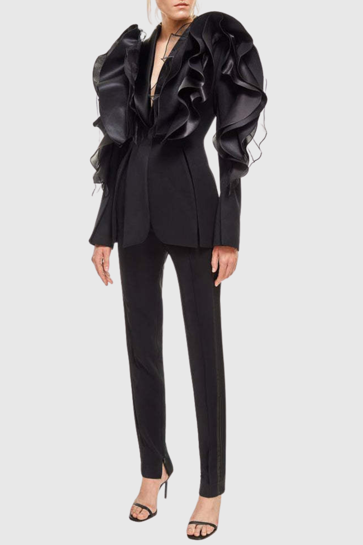 ASHLEY RUFFLE BLAZER, BLACK PARTY BLAZER