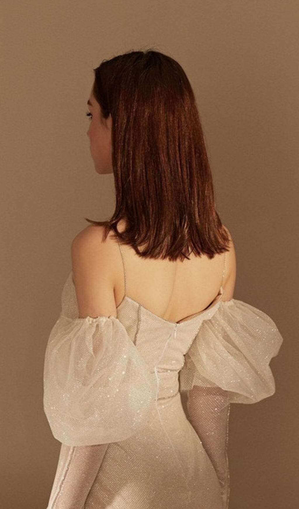 STRAPLESS BUBBLE DRESS FOR WEDDING GUEST BEIGE
