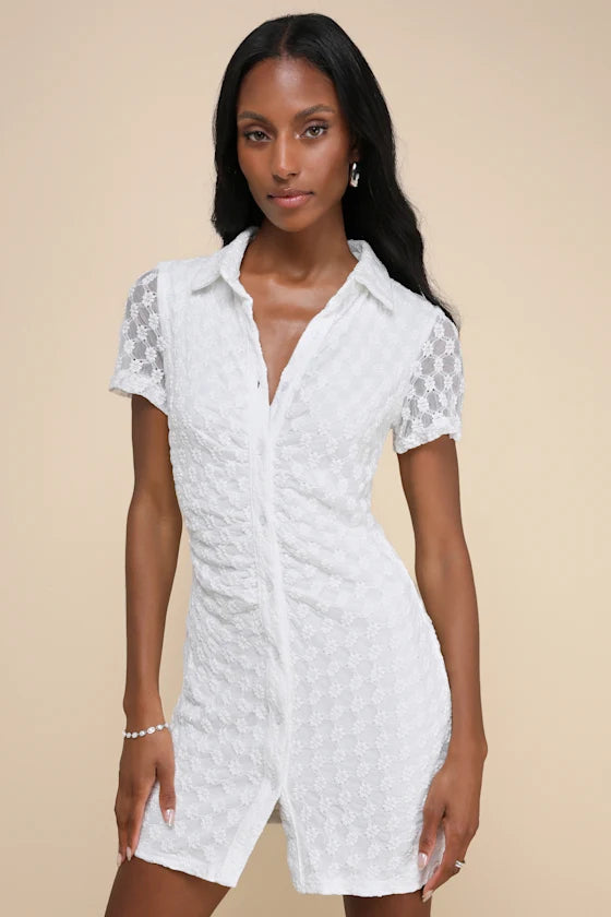 TRULY PRISTINE WHITE MESH FLORAL RUCHED MINI DRESS