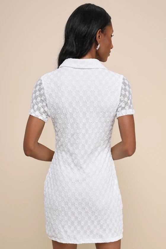 TRULY PRISTINE WHITE MESH FLORAL RUCHED MINI DRESS