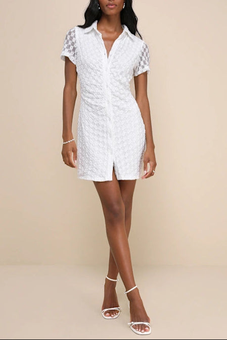 TRULY PRISTINE WHITE MESH FLORAL RUCHED MINI DRESS