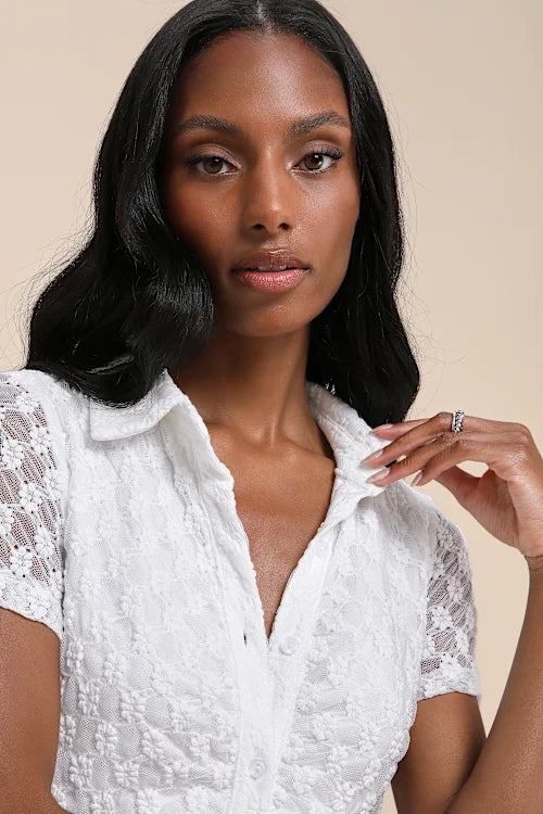 TRULY PRISTINE WHITE MESH FLORAL RUCHED MINI DRESS