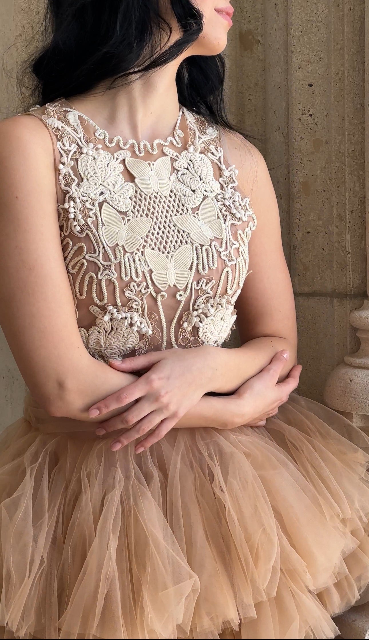 BEIGE BALLERINA TULLE MINI DRESS 3D APPLIQUE