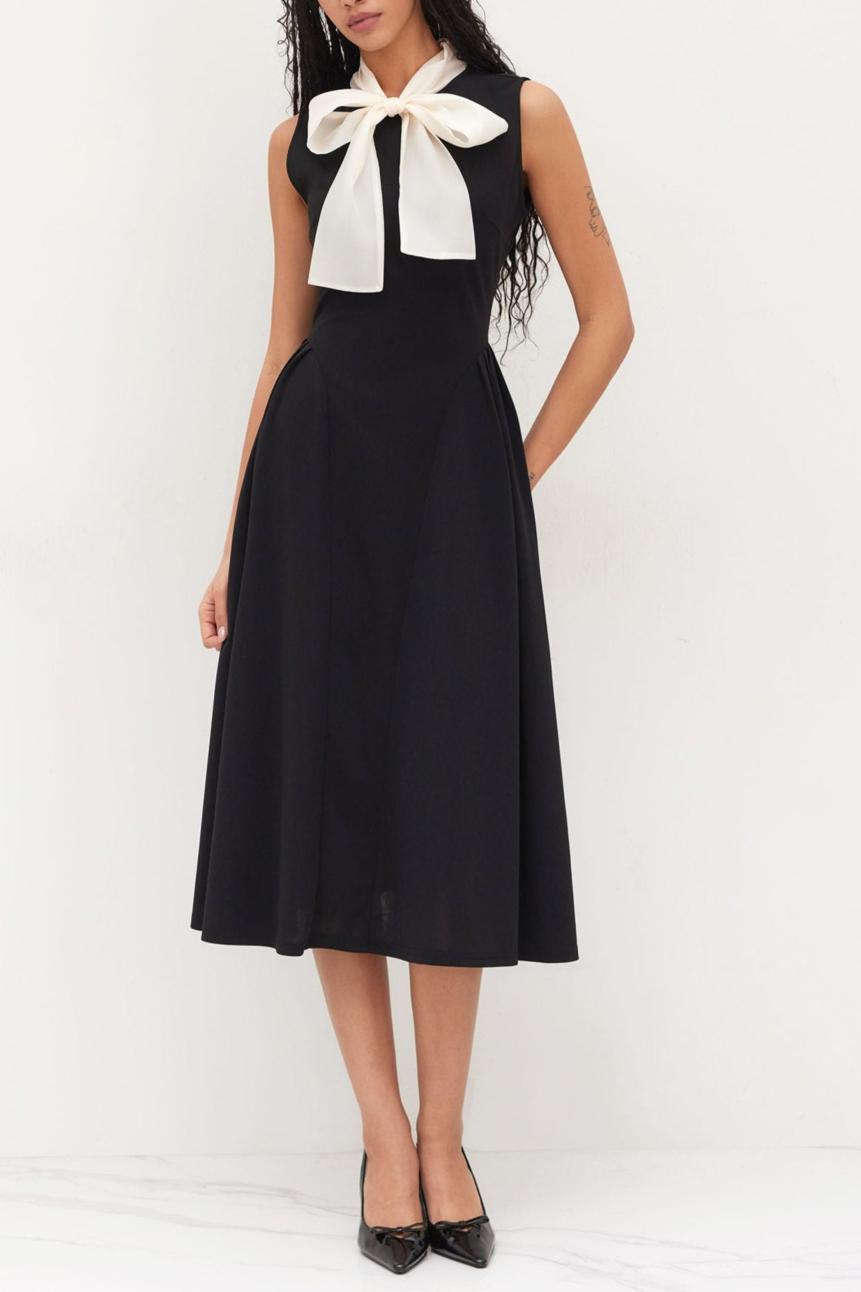 TwoToneBowTieRuffleMidiDress_1 TWO-TONE RUFFLE BOW MIDI DRESS