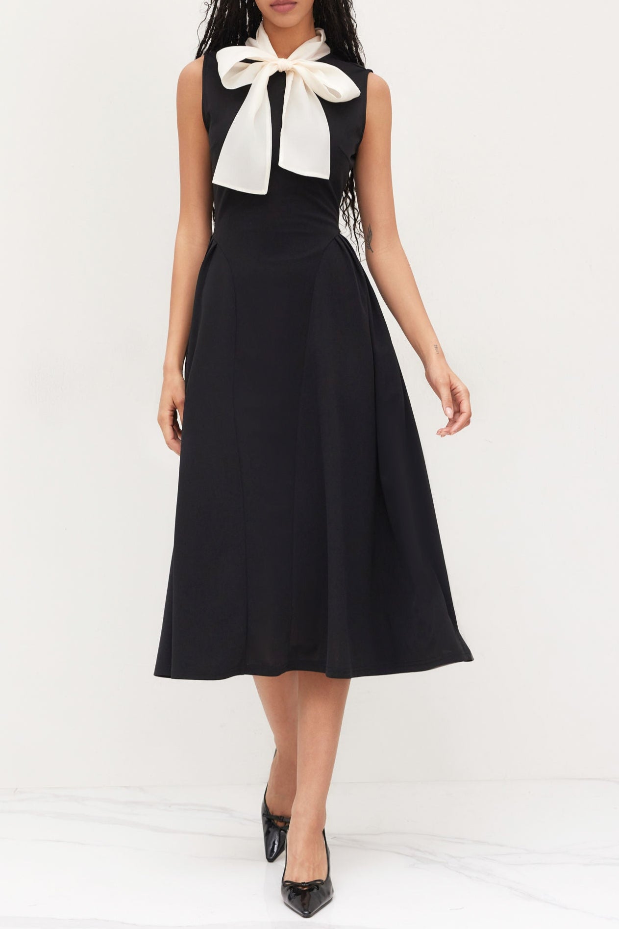 TWO-TONE RUFFLE BOW MIDI DRESS