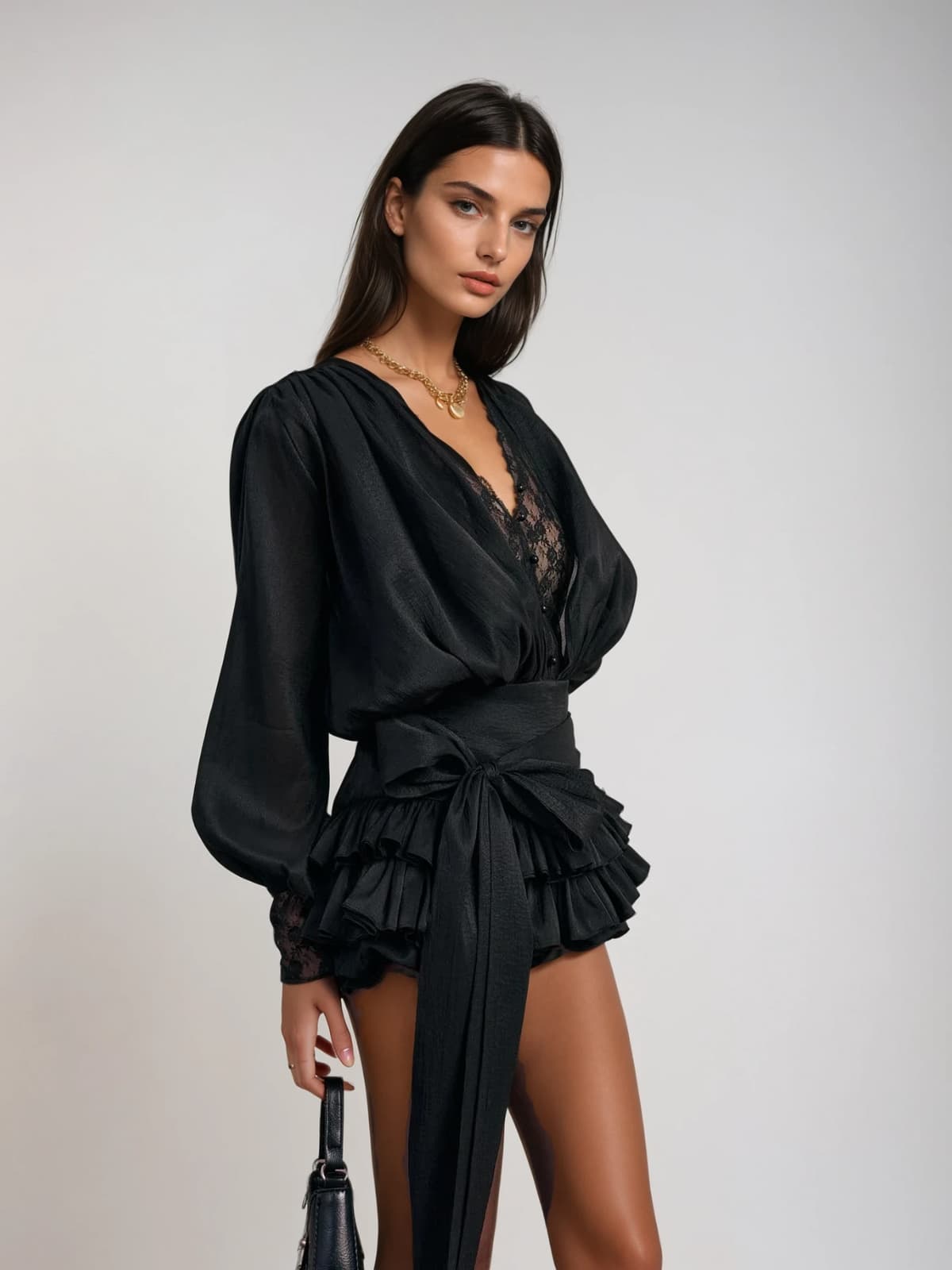V-NECK LACE BOW MINI DRESS BLACK