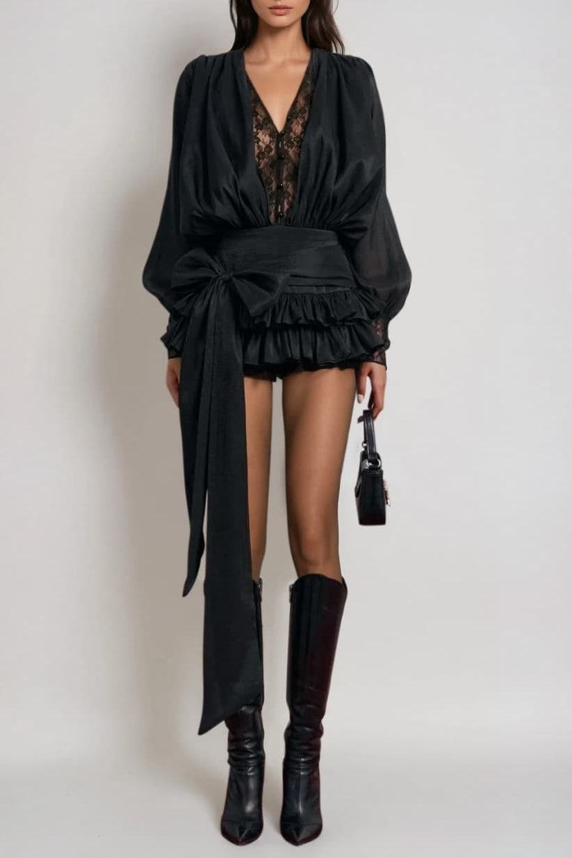 V-NECK LACE BOW MINI DRESS BLACK