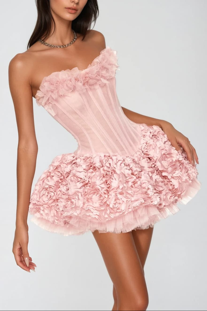 ALBERTA 3D FLOWER STRAPLESS PINK MINI DRESS