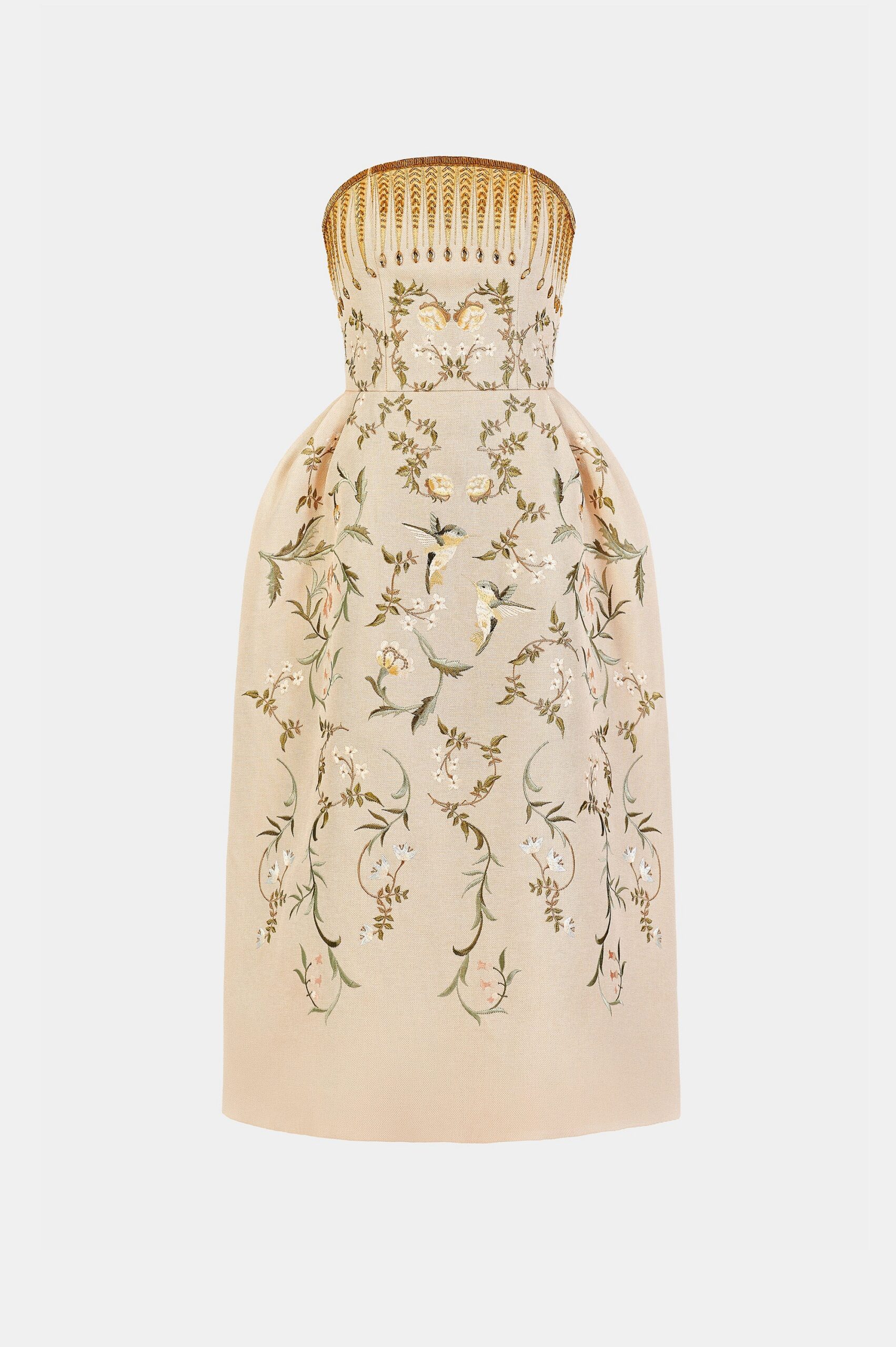 EMBROIDERED BEIGE MIDI DRESS FOR WEDDING GUEST