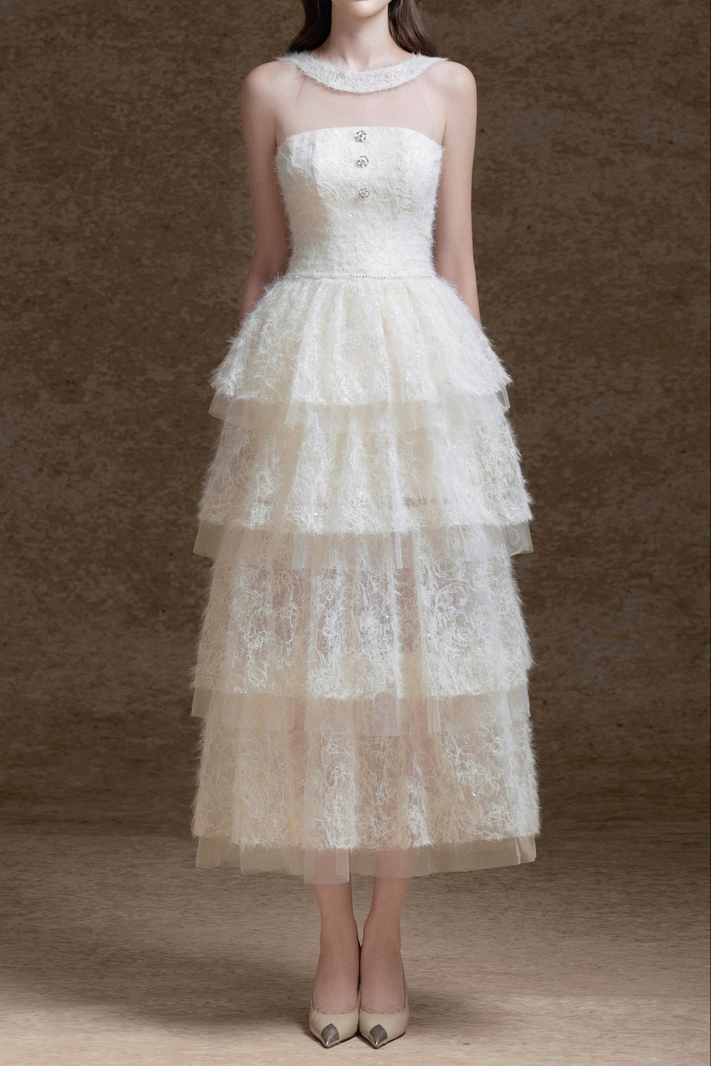 WHITE MESH LAYER DRESS WITH STITCHING DETAIL