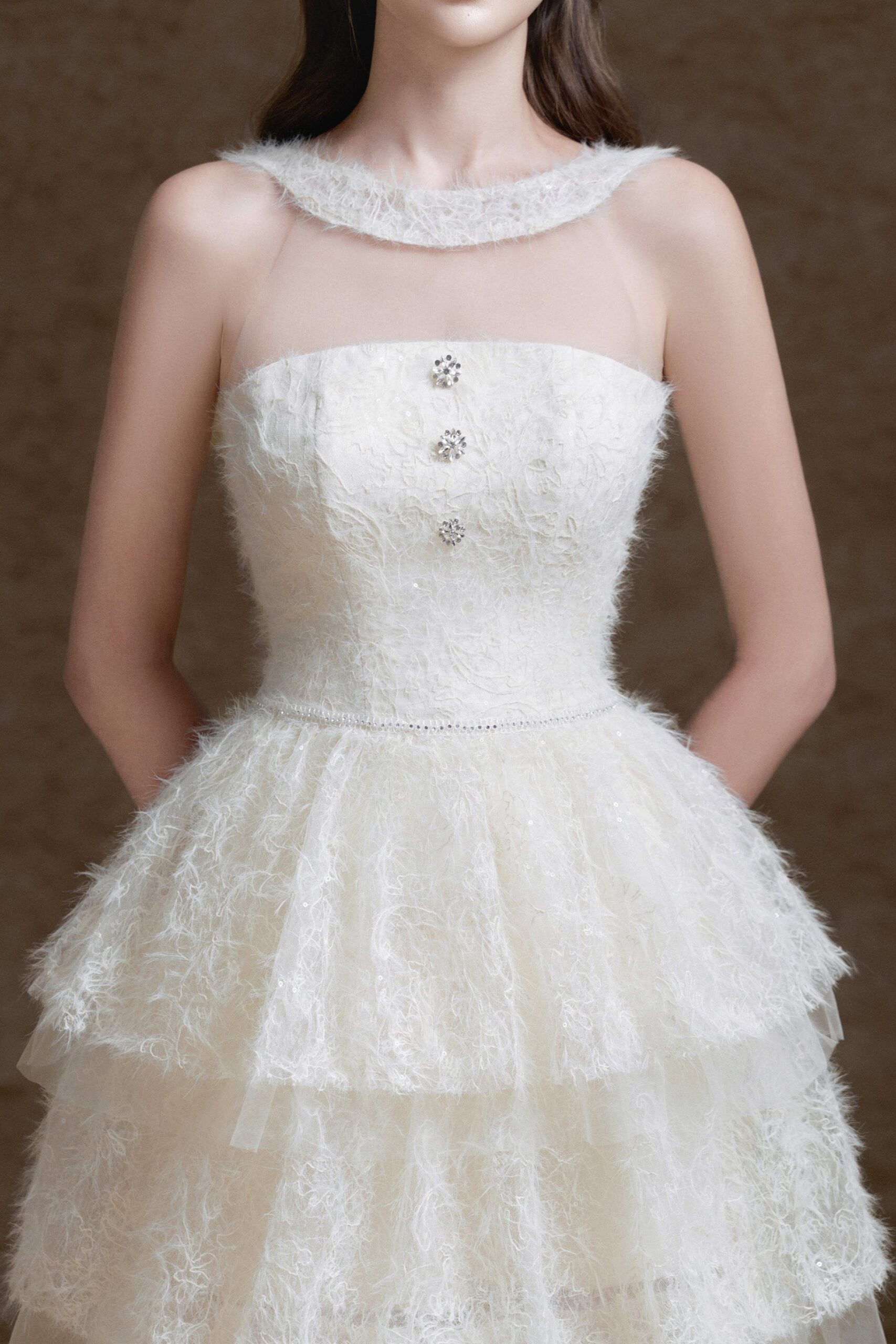 WHITE MESH LAYER DRESS WITH STITCHING DETAIL