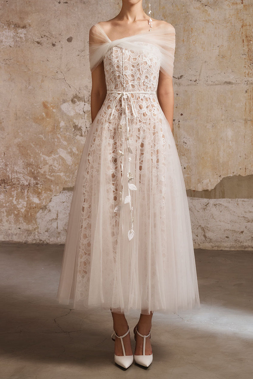 MIUA GATHERED LACE MIDI DRESS, WHITE WEDDING GUEST