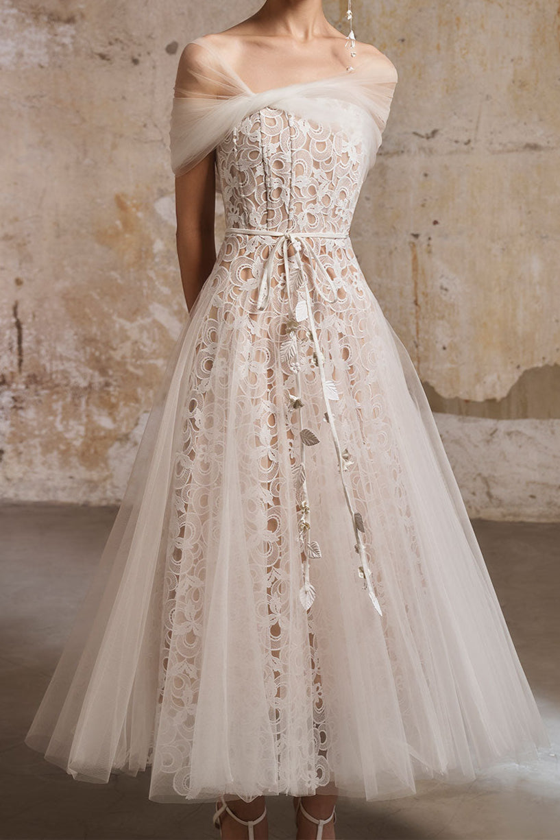 MIUA GATHERED LACE MIDI DRESS, WHITE WEDDING GUEST