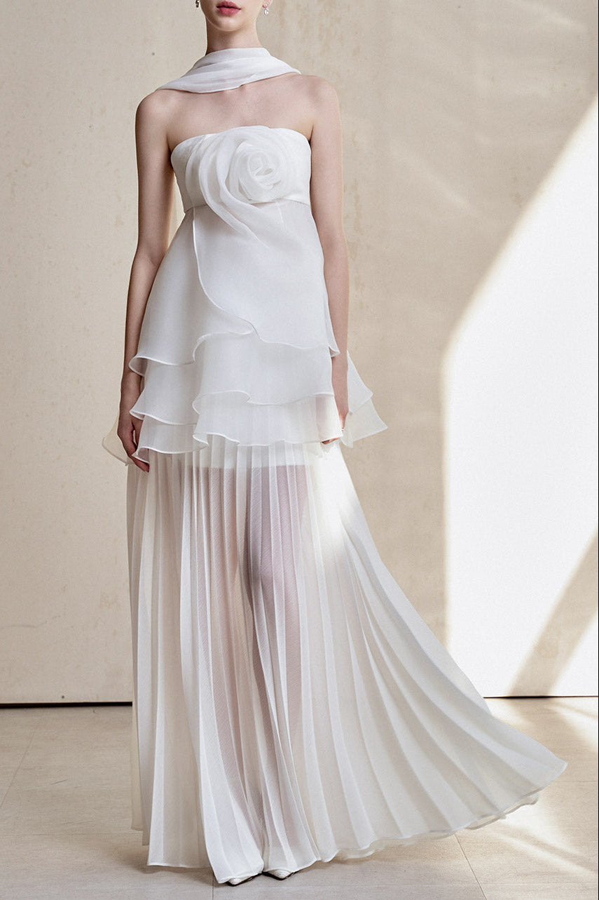 WHITE STRAPLESS ROSE APPLIQUE TIERED MAXI DRESS