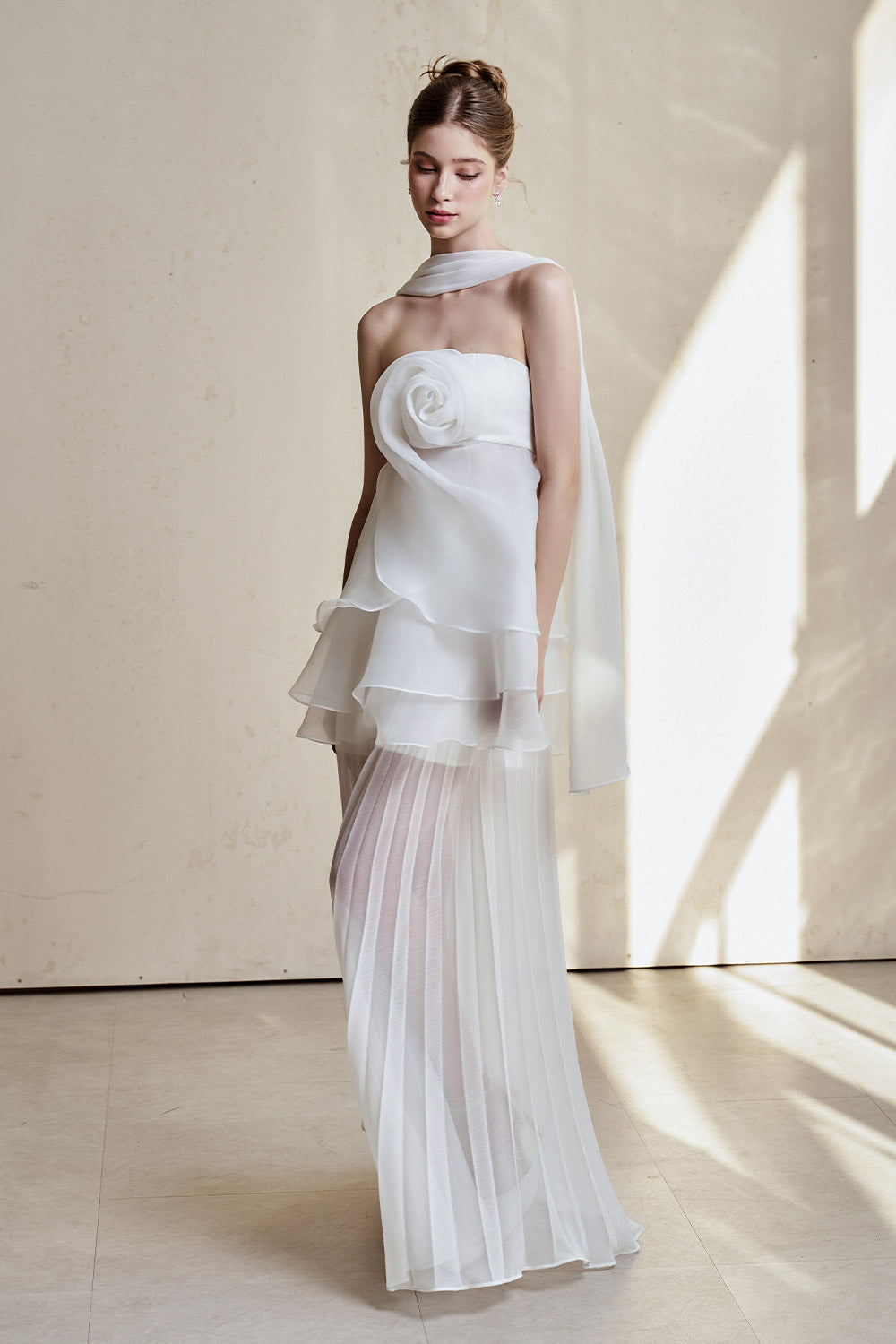 WHITE STRAPLESS ROSE APPLIQUE TIERED MAXI DRESS