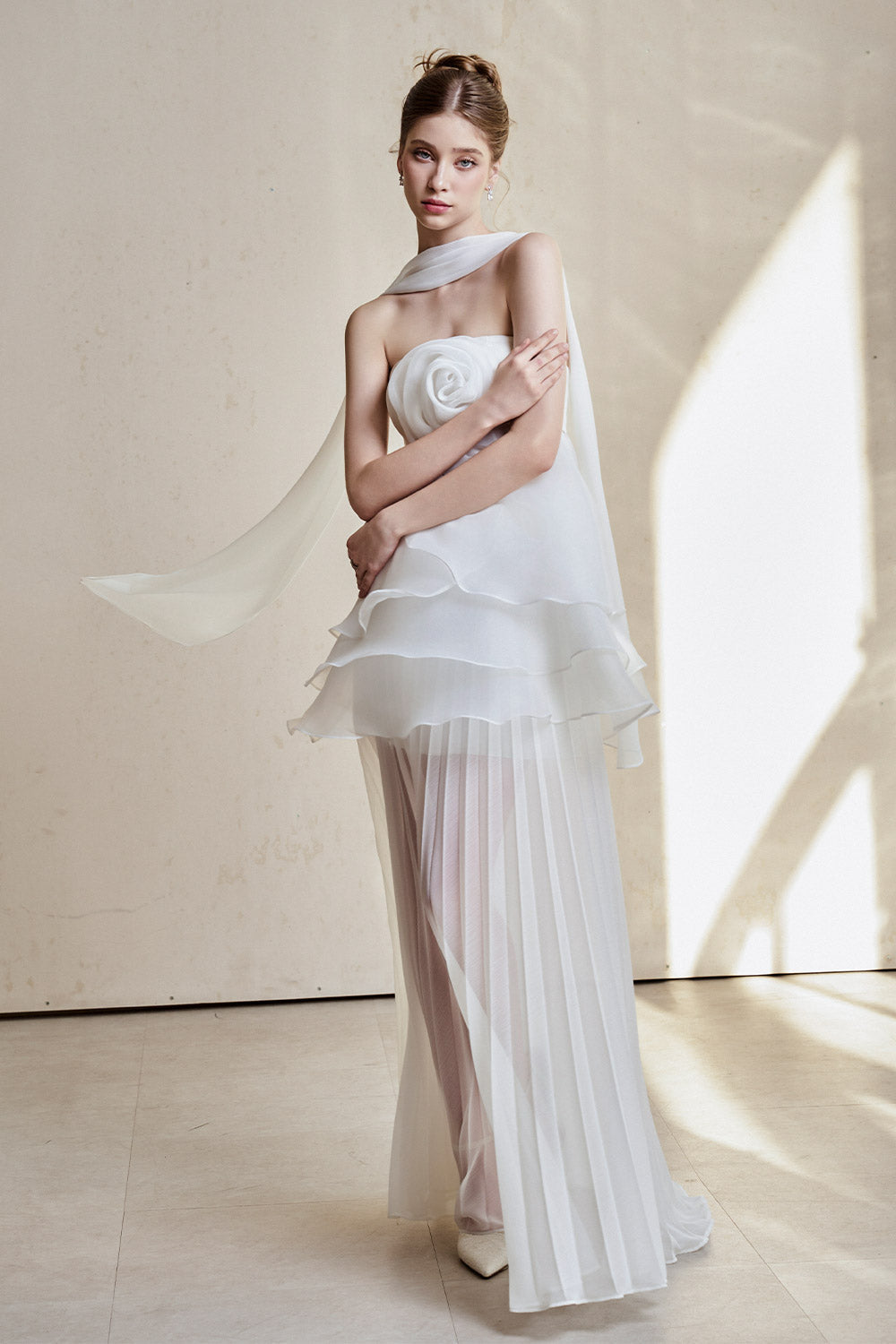 WHITE STRAPLESS ROSE APPLIQUE TIERED MAXI DRESS