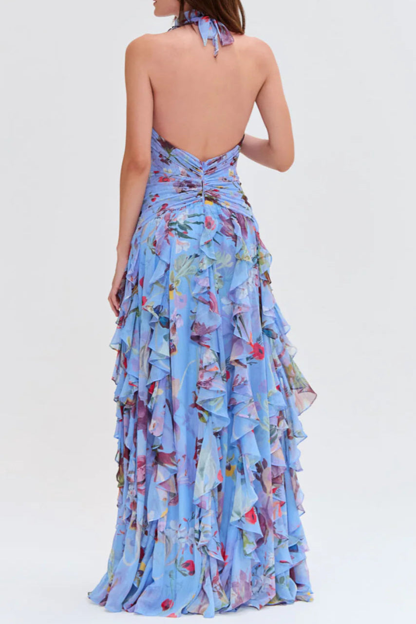 FLORAL HALTER RUFFLE TULLE MAXI DRESS BLUE