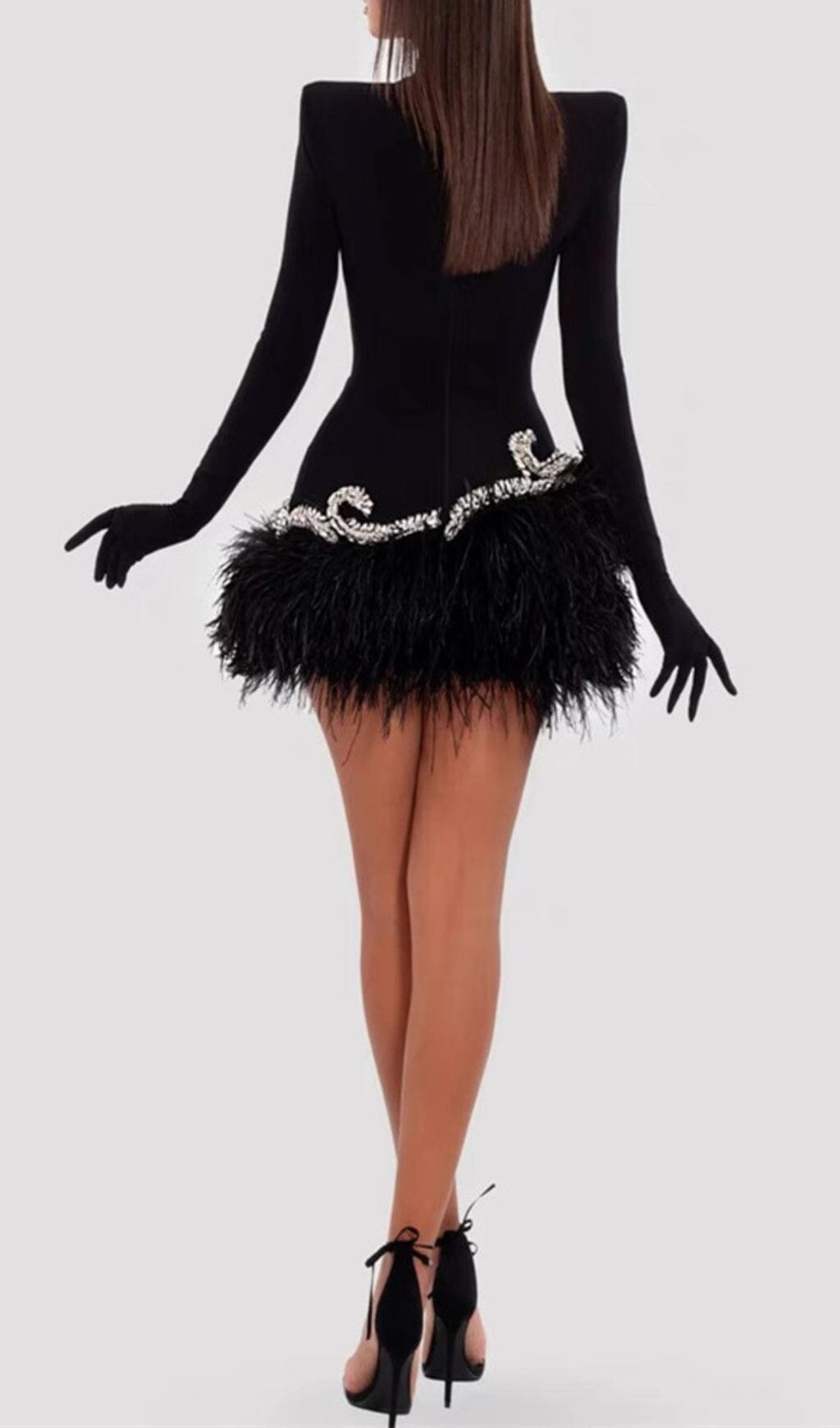 BLACK VELVET FEATHER GLOVE MINI DRESS