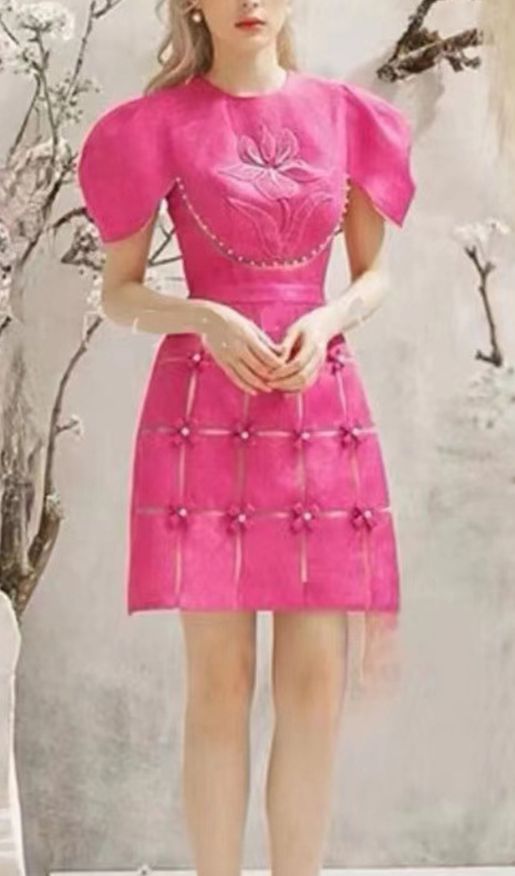 3D FLOWER O-NECK MINI DRESS PINK PARTY