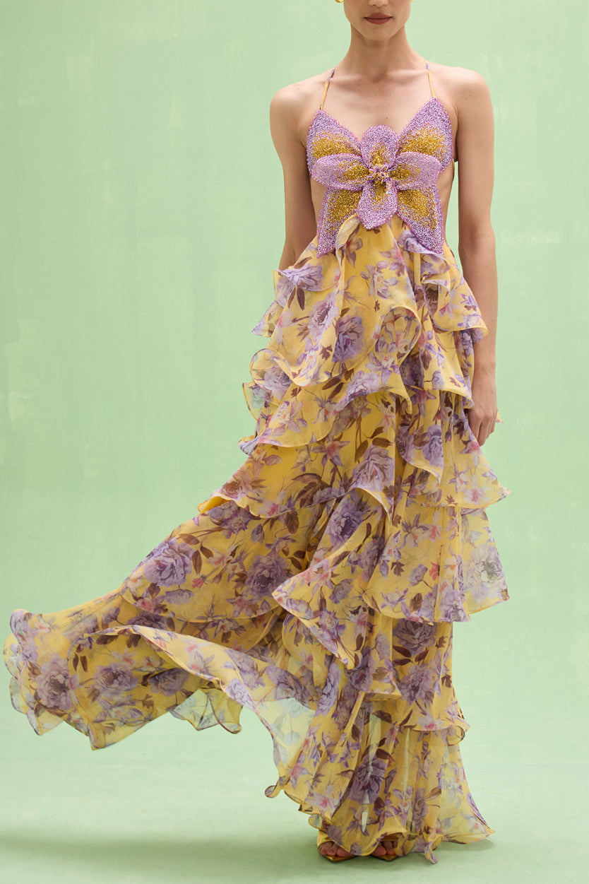 PURPLE YELLOW HIBISCUS EMBROIDERED BEADED HALTER MAXI DRESS