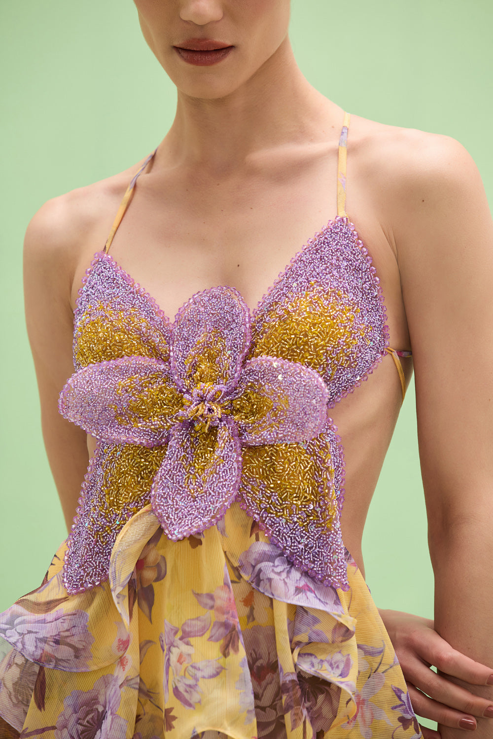 PURPLE YELLOW HIBISCUS EMBROIDERED BEADED HALTER MAXI DRESS