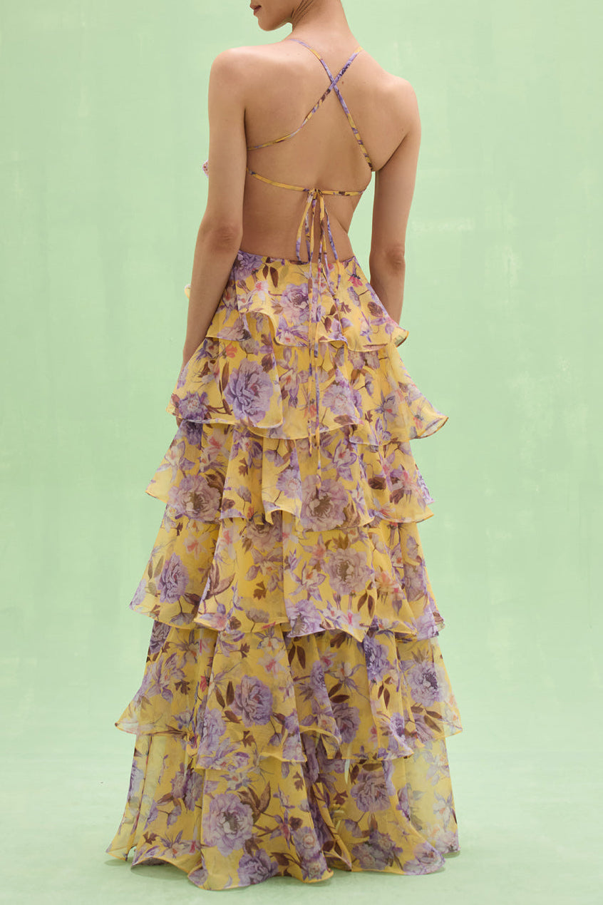 PURPLE YELLOW HIBISCUS EMBROIDERED BEADED HALTER MAXI DRESS