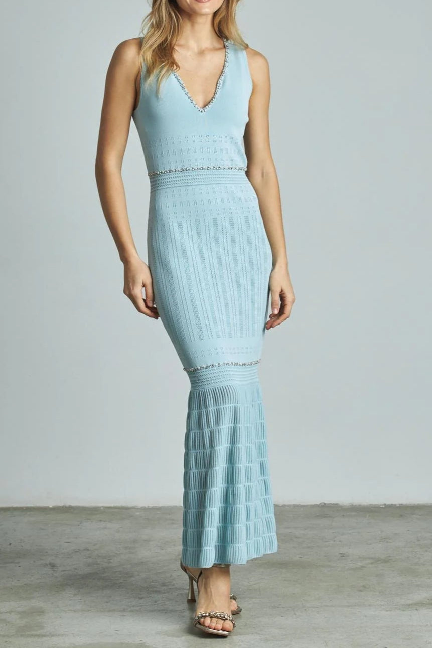 V-NECK BEADED BODYCON MAXI DRESS PALE BLUE