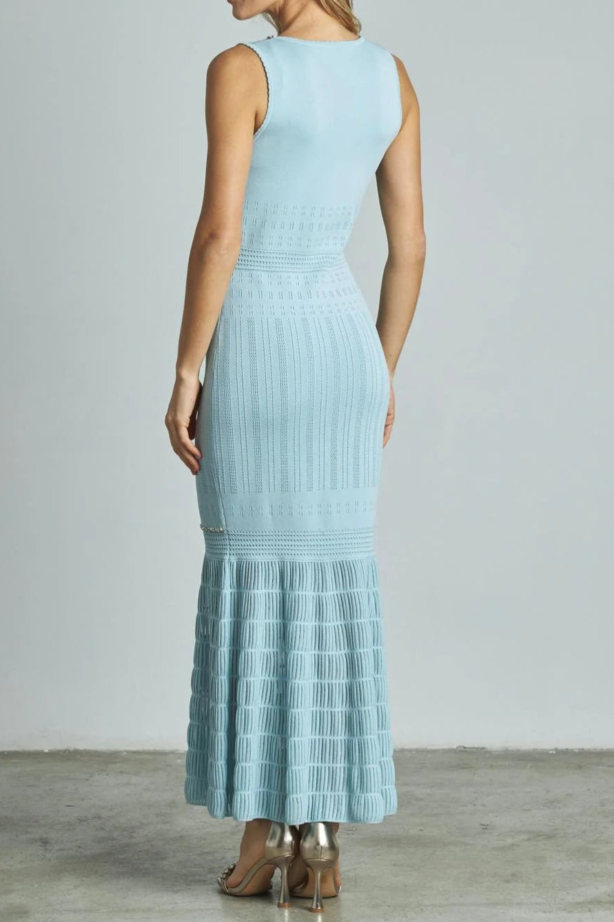 V-NECK BEADED BODYCON MAXI DRESS PALE BLUE