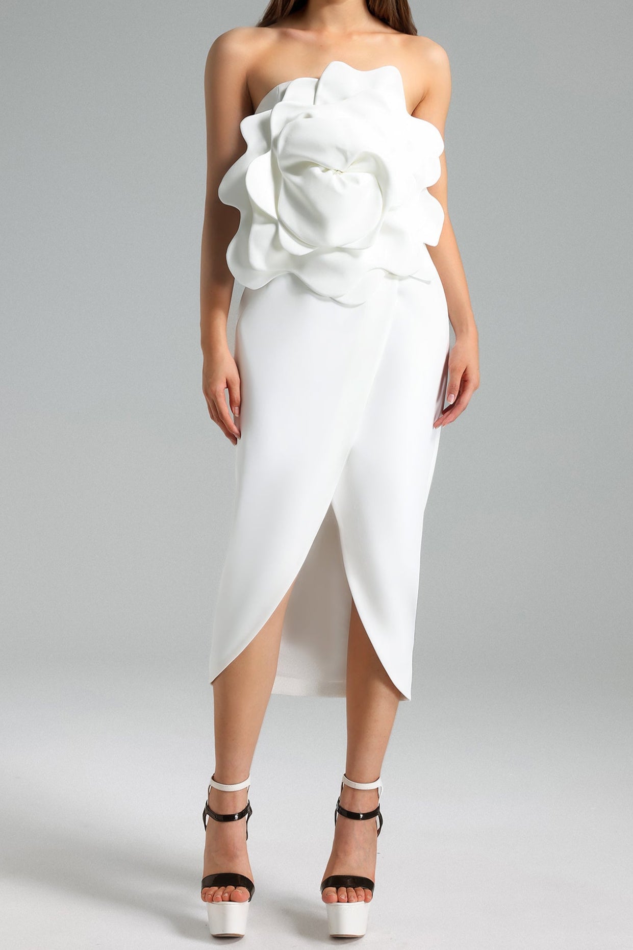 VALERY 3D FLOWER SLIT MIDI DRESS WHITE