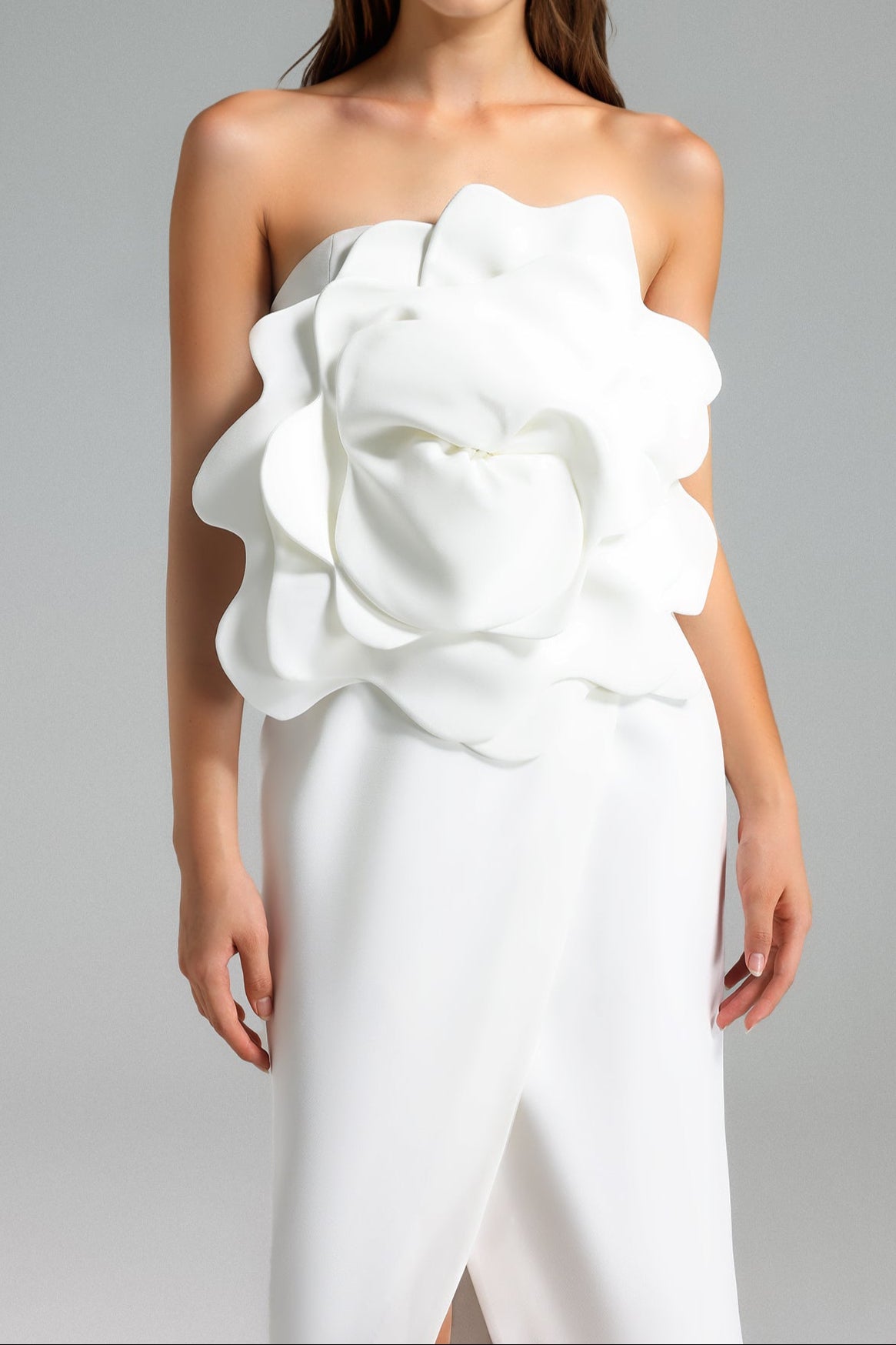 VALERY 3D FLOWER SLIT MIDI DRESS WHITE