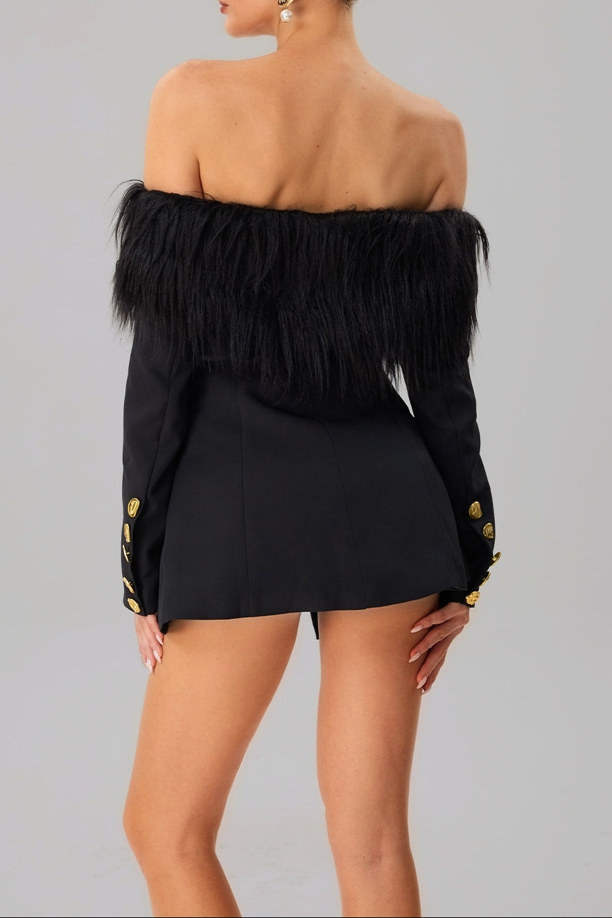 BLACK OFF-SHOULDER FEATHER BLAZER MINI DRESS