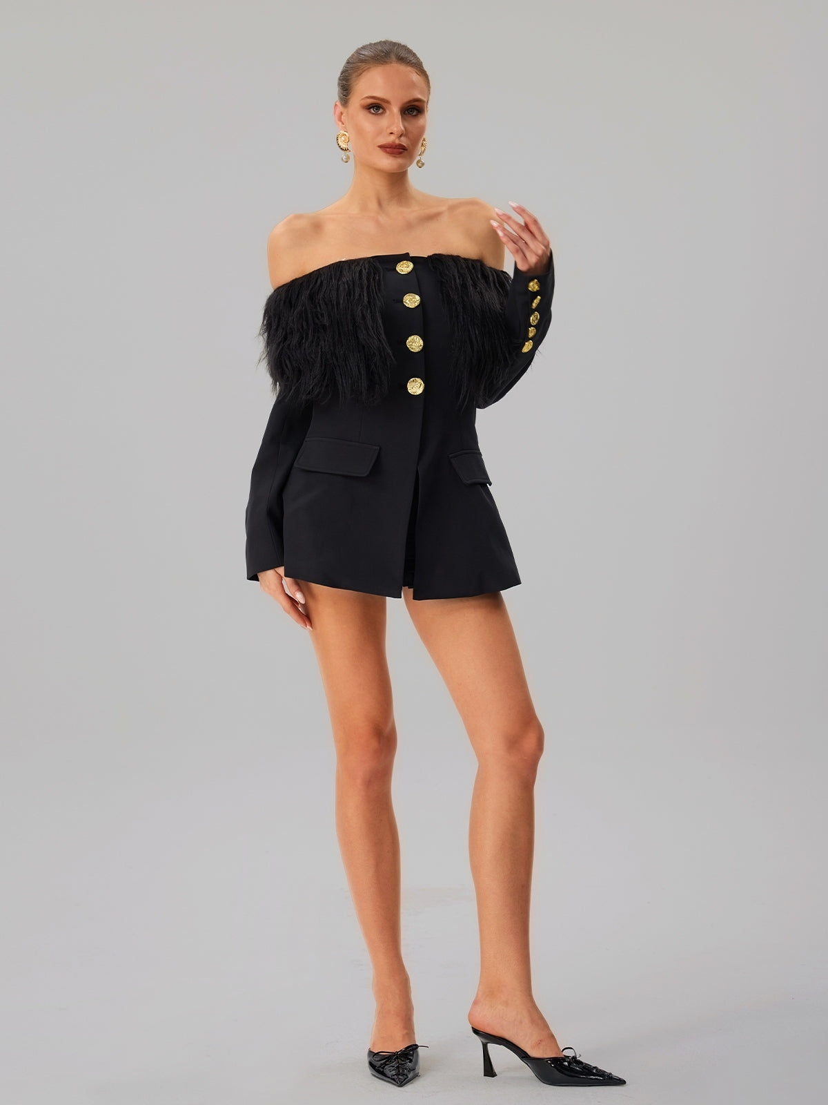 BLACK OFF-SHOULDER FEATHER BLAZER MINI DRESS
