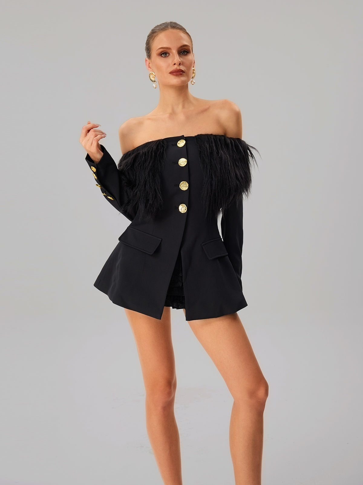 BLACK OFF-SHOULDER FEATHER BLAZER MINI DRESS