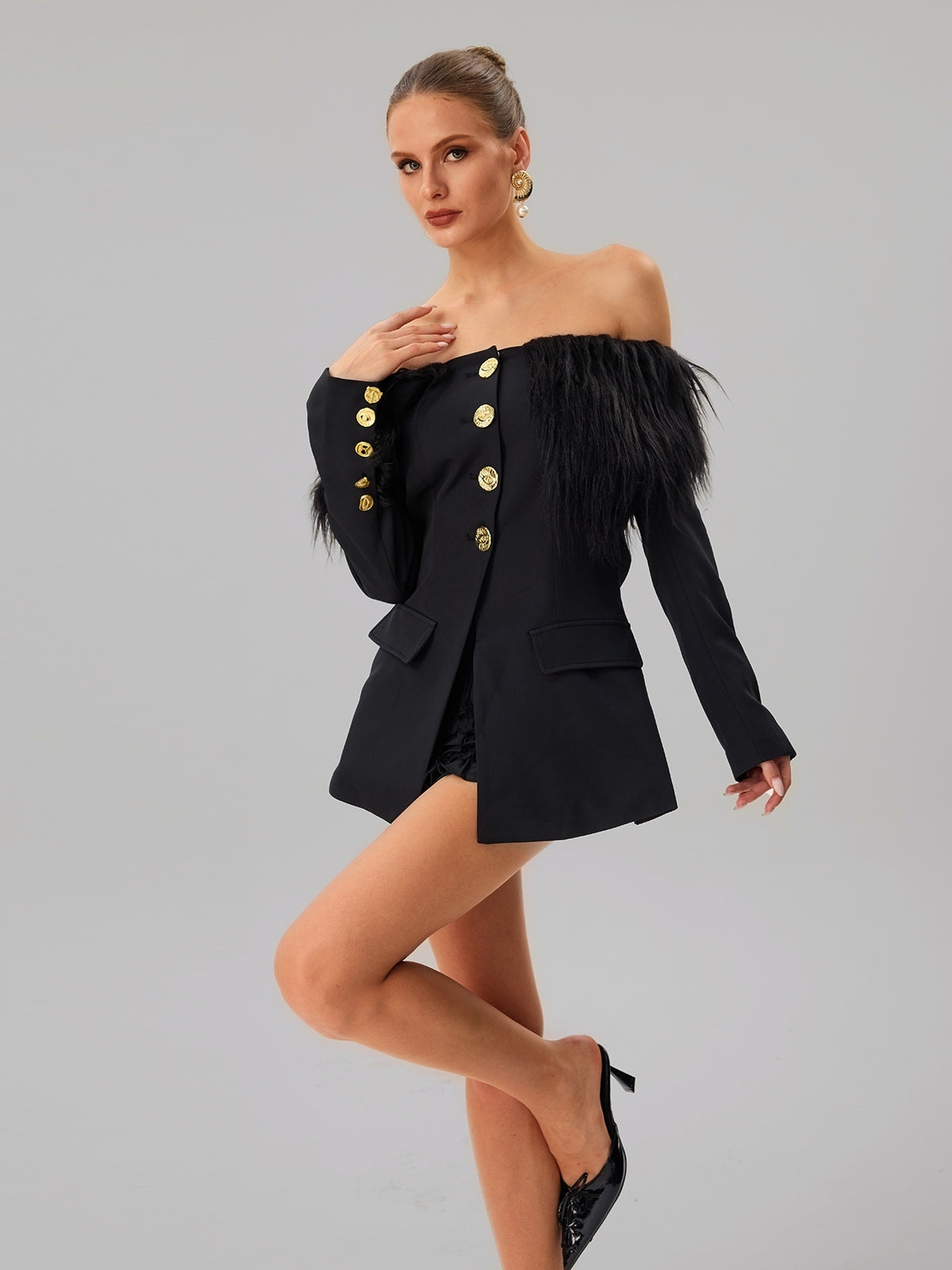 BLACK OFF-SHOULDER FEATHER BLAZER MINI DRESS