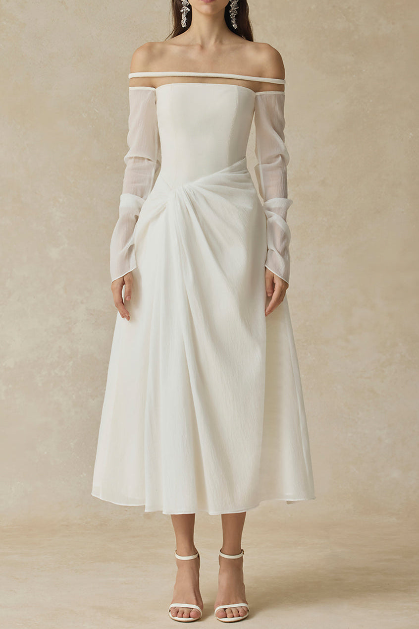 JUDITH OFF-SHOULDER A-LINE WHITE MIDI DRESS