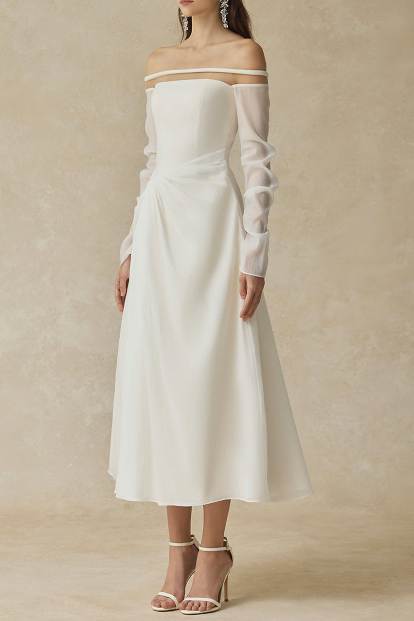 JUDITH OFF-SHOULDER A-LINE WHITE MIDI DRESS