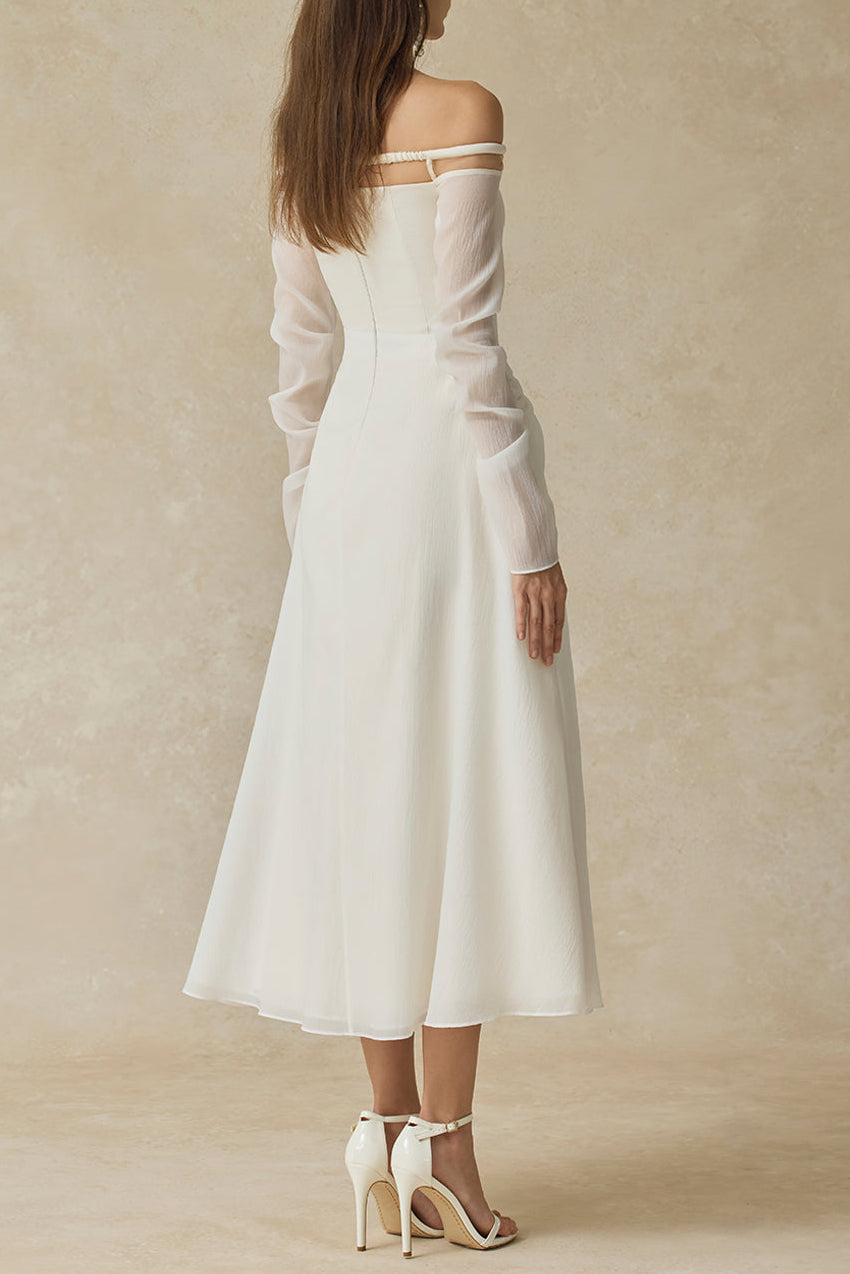 JUDITH OFF-SHOULDER A-LINE WHITE MIDI DRESS