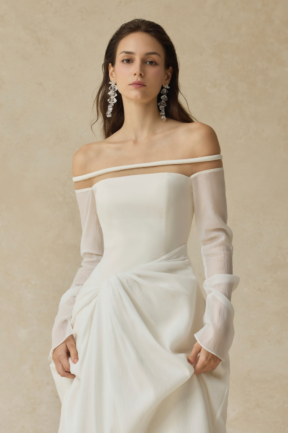 JUDITH OFF-SHOULDER A-LINE WHITE MIDI DRESS