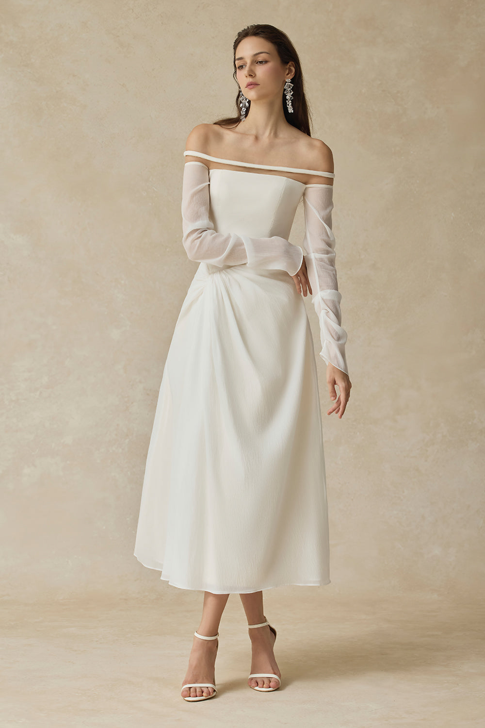 JUDITH OFF-SHOULDER A-LINE WHITE MIDI DRESS