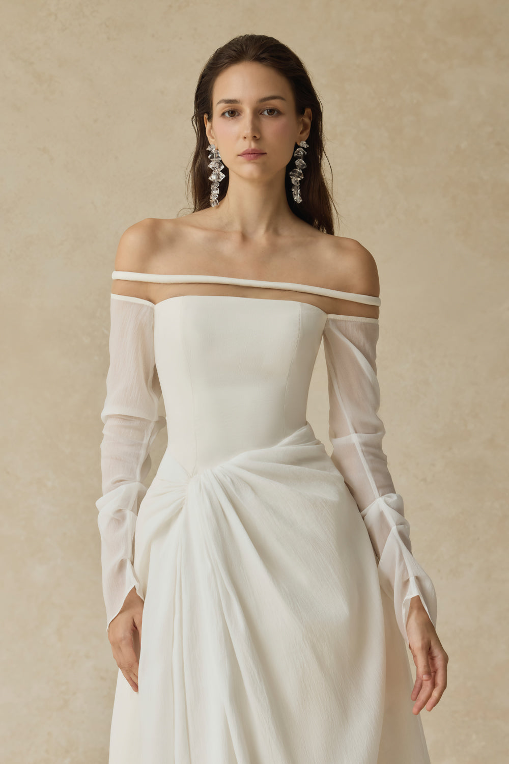 JUDITH OFF-SHOULDER A-LINE WHITE MIDI DRESS