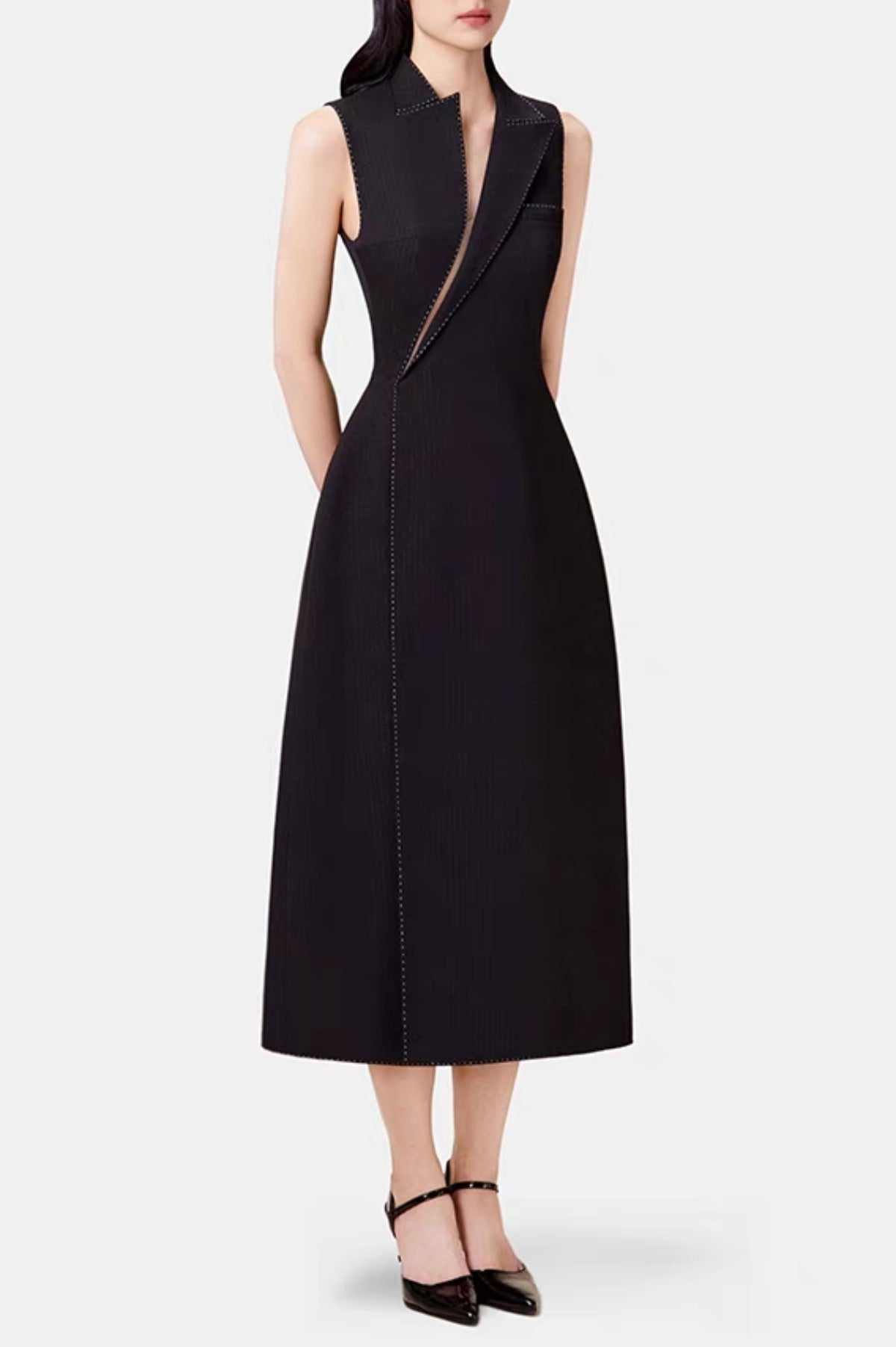 ASYMMETRIC COLLAR SLEEVELESS MIDI DRESS BLACK