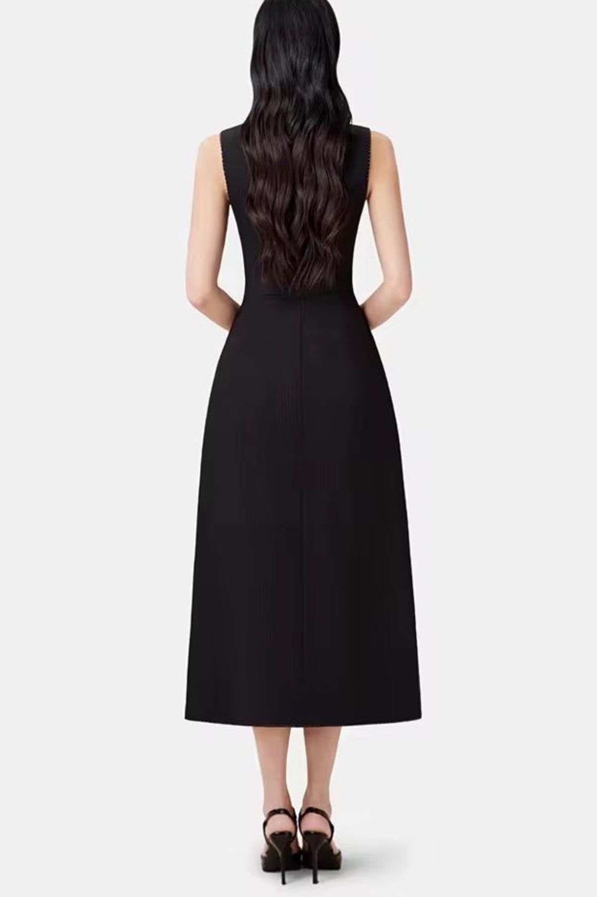 ASYMMETRIC COLLAR SLEEVELESS MIDI DRESS BLACK