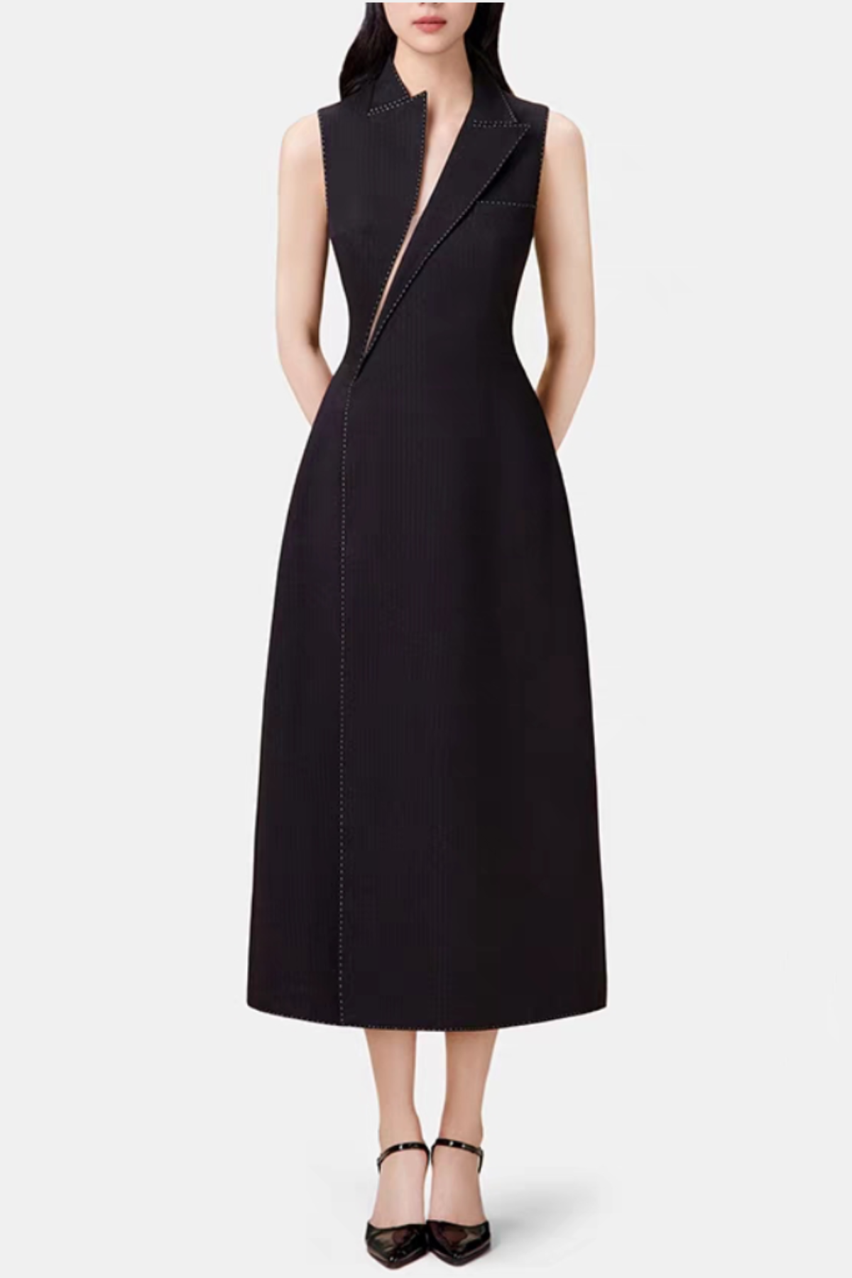 VequaAsymmetricCollarSleevelessMidiDress-Black3 ASYMMETRIC COLLAR SLEEVELESS MIDI DRESS BLACK