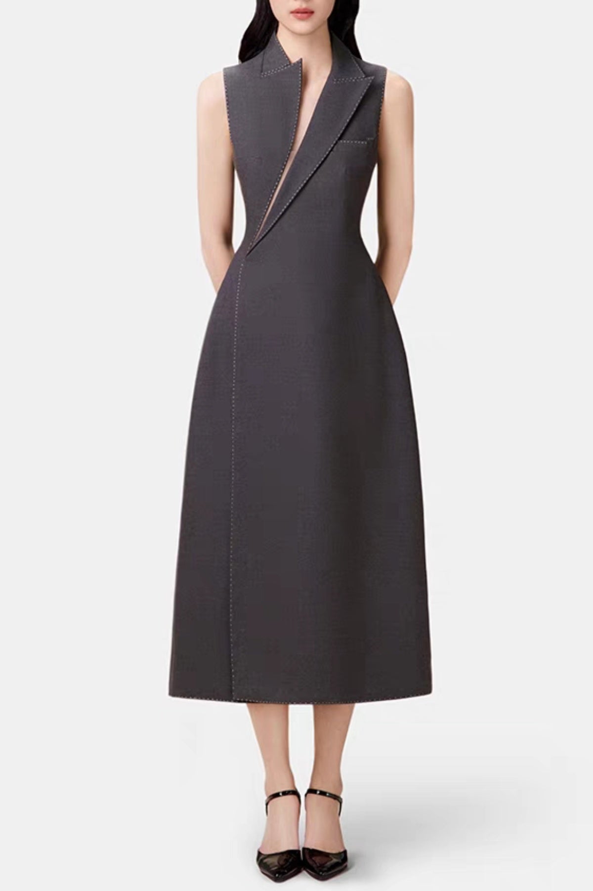VequaAsymmetricCollarSleevelessMidiDress-Grey1 ASYMMETRIC COLLAR SLEEVELESS MIDI GREY DRESS