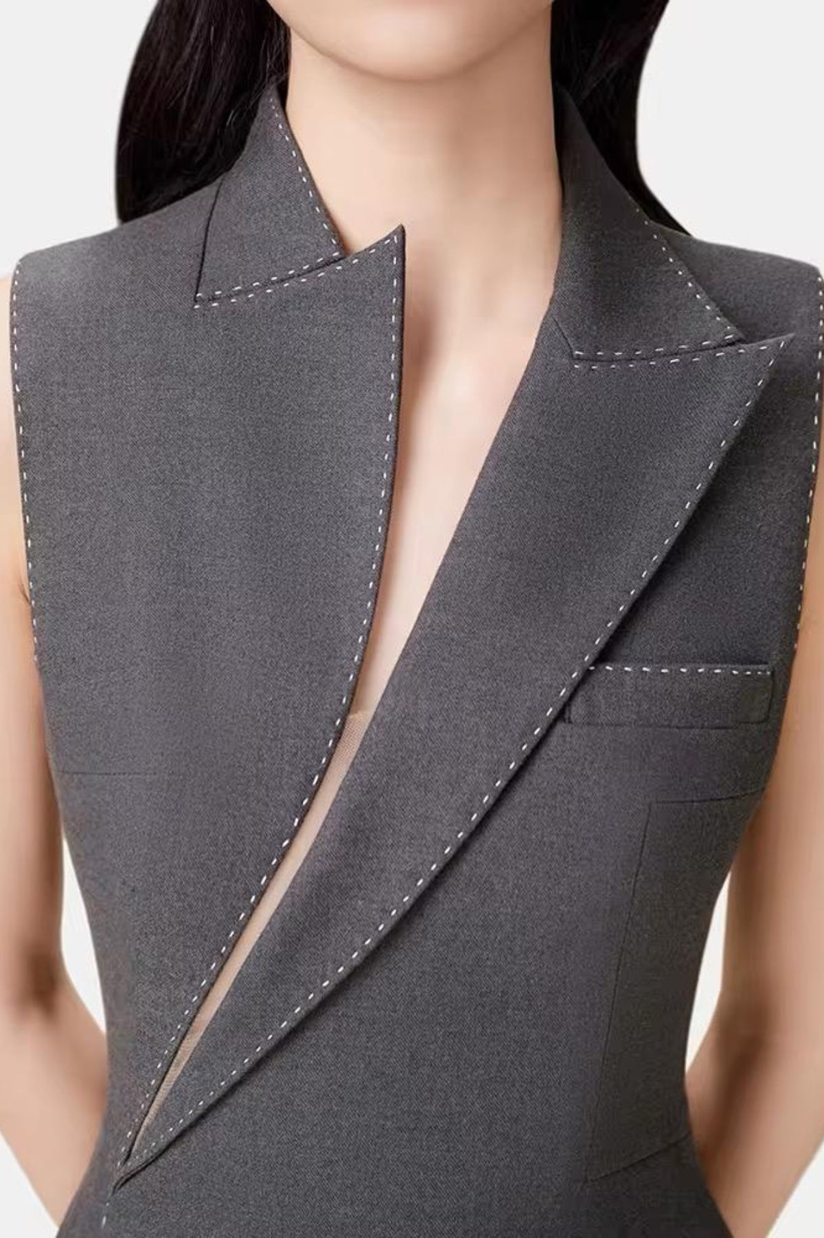 ASYMMETRIC COLLAR SLEEVELESS MIDI GREY DRESS