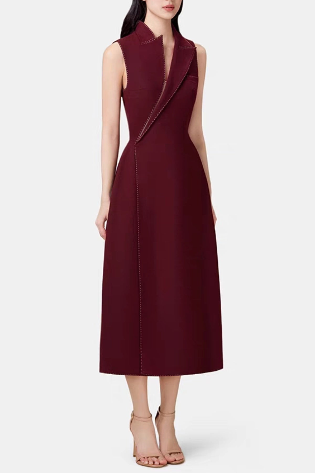 ASYMMETRIC COLLAR SLEEVELESS MIDI DRESS WINE