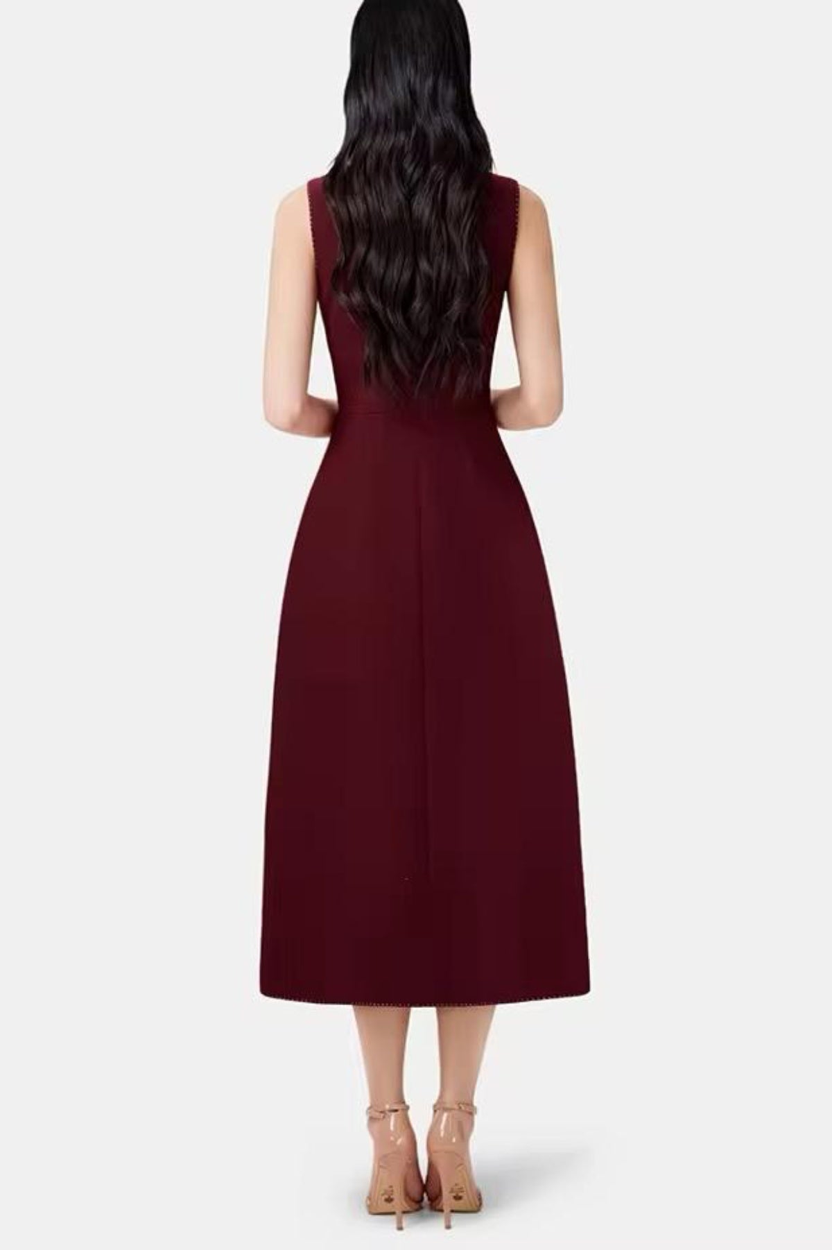 ASYMMETRIC COLLAR SLEEVELESS MIDI DRESS WINE
